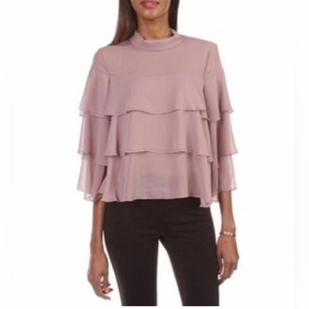 Women’s Bishop + Young Ruffled Blouse with Three Quarter Sleeves. Button Closure